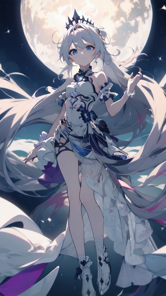 ((full body)),1 person, Alone, whole body, (Best Quality,8k,High resolution,masterpiece:1.2),Very detailed,(anime), The End of the Lord, Kiana \ (Serious impact 3)Very long white hair, blue eyes, Alone, Very detailed顔の特徴, Small and beautiful eyes, cute, Gazing at the audience, Shooting from above, Fantastic landscape, Bright colors, loose fitting dress, Rich details, Rich environment, Golden Ratio