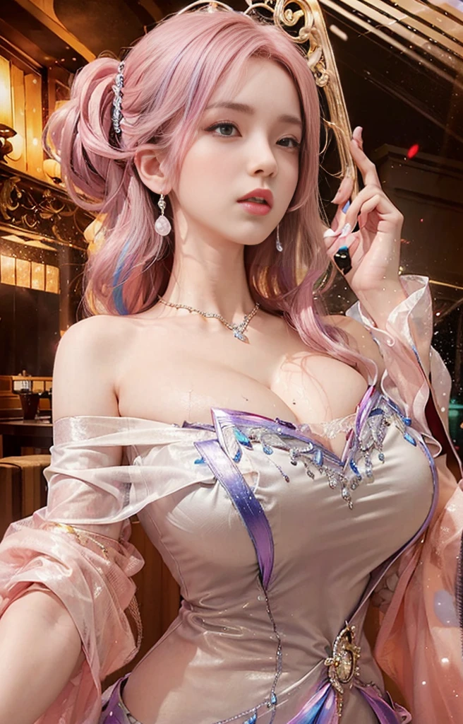 2，(((bishoujo，beautiful girl，Deep V，Rainbow Hair Color，open cloths，silk，Exposed breasts，((Pure and sexy:1.2))，((sexy play:1.2))，from below，bailing light element, bailing particles, bling bling，curvy )))，((Depressed look:1.2))，Perfect dynamic composition,  Charming pose，，masterpiece, best quality, high resolution, 8k, HDR, raytracing, detailed shadows, beautiful girl, hyperdetailed，Bright colors，Ultra HD、maebari/pasties，2