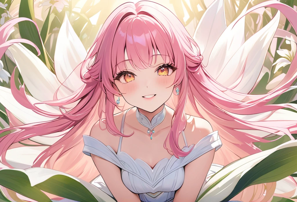 (best quality,4k,8k,highres,masterpiece:1.2),1girl,solo,(minigirl on top of a giant oversized white lily),smiling on_flower,ultra-detailed,delicate,pastel color palette,ethereal atmosphere,peaceful,serene,vividly colored blossoms,transcendent beauty,awe-inspiring artwork,face focus,anime illustration,very long pink hair,gold eyes,full body,((long legs)),flowing gown