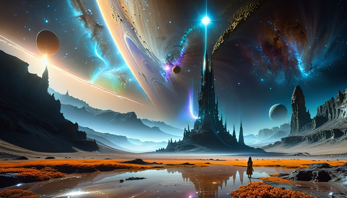 An awe-inspiring HDR image depicting ((a spaceship on the ground), a giant elven woman gracefully standing on the vibrant soil of a distant planet. ((a spaceship on the ground)), Above her, the Milky Way stretches across the sky, radiating hues that illuminate the cosmos. In the foreground, evidence of extraterrestrial life can be seen—an outpost nestled in the rugged landscape, teeming with alien flora. Below the surface, an evolving underworld pulses with mysterious energy, hinting at the deep connections between life forms. This otherworldly scene captures the majesty of space and the limitless possibilities of evolution.