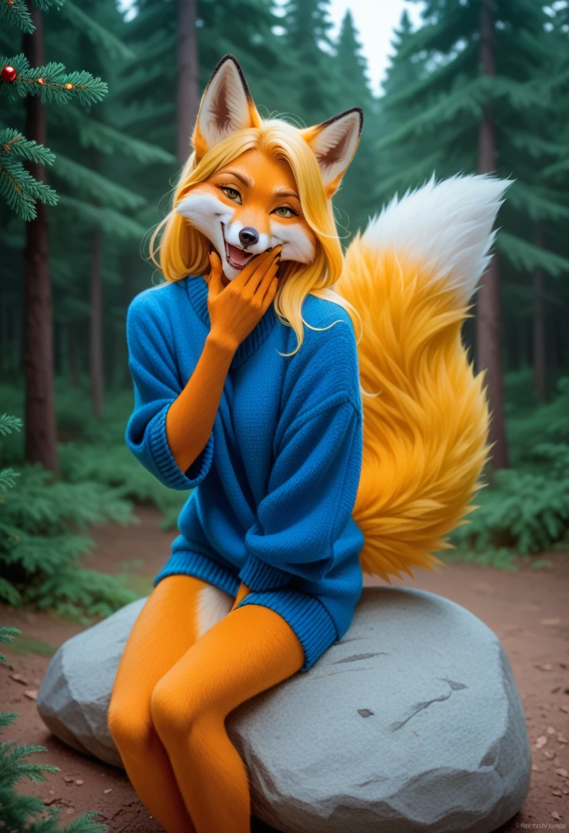 red fox, yellow fur, female, vixen, fox tail, beautiful, cute, sexy body, hair, yellow hair, yellow eyes, smile, smiling out of hilarity, laughing, giggling cutely, her hand covering her mouth from laughter, paw covering mouth, highest quality, high quality illustrations, masterpiece, Ultra-high resolution, Absurd, Perfect Anatomy, performance, Good lighting, anthro, furry, in a forest, boulder, pine tree, front view, sitting on a boulder, looking at viewer, head turned slightly away from viewer, smug grin, safe for work, wearing a cozy sweater