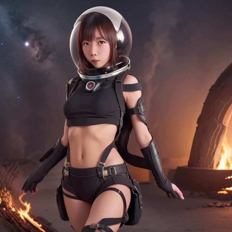 cute yuna, space explorer, sexy outfit, jet pack, laser rifle, bubble helmet, she is burning down woman eating plants that have infested her ship and are eating Yuna's lesbian crew, damsel peril