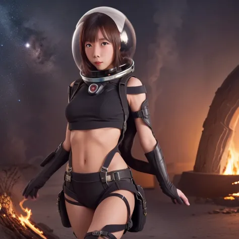 cute yuna, space explorer, sexy outfit, jet pack, laser rifle, bubble helmet, she is burning down woman eating plants that have ...