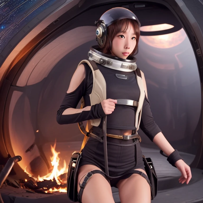 cute yuna, space explorer, sexy outfit, jet pack, laser rifle, bubble helmet, she is burning down woman eating plants that have infested her ship and are eating Yuna's lesbian crew, damsel peril