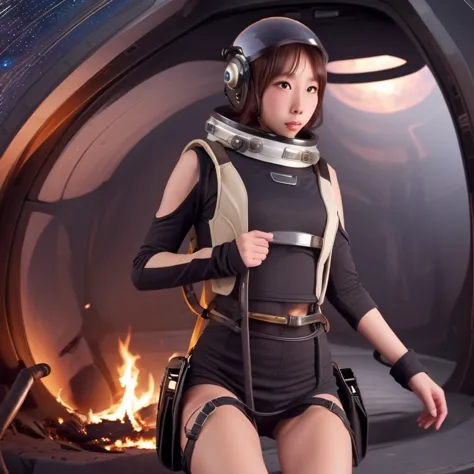 cute yuna, space explorer, sexy outfit, jet pack, laser rifle, bubble helmet, she is burning down woman eating plants that have ...