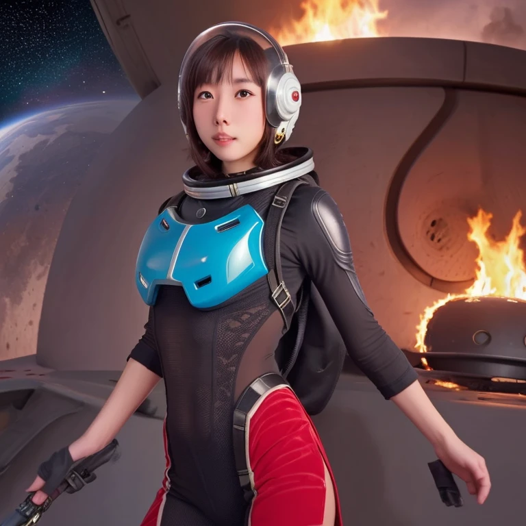 cute yuna, space explorer, sexy outfit, jet pack, laser rifle, bubble helmet, she is burning down woman eating plants that have infested her ship and are eating Yuna's lesbian crew, damsel peril