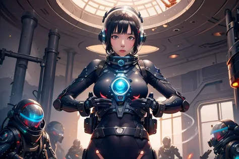 cute yuna, space explorer, sexy sci-fi outfit, futuristic jet pack, advanced laser rifle, transparent bubble helmet, burning dow...