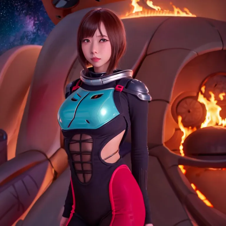 cute yuna, space explorer, sexy outfit, jet pack, laser rifle, bubble helmet, she is burning down woman eating plants that have ...