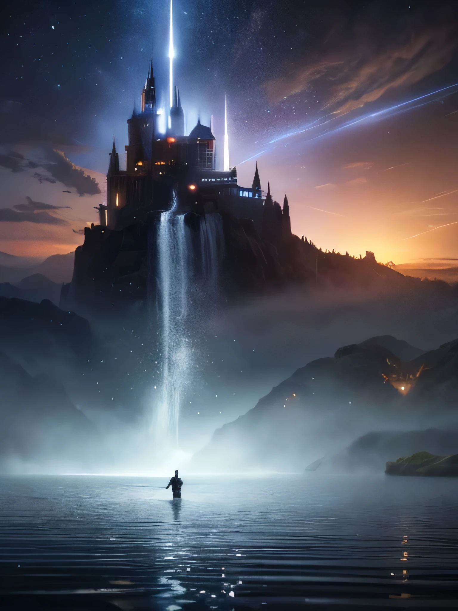 (8k, highest quality, masterpiece, final fantasy style: 1.2), (unRealistic, photoRealistic: 1.37), Dreamy landscape, Fantasy, Unsurreal landscapes, Super detailed, Flying Castle, Floating Island in the Sky, Seven-colored swirl of light, Intense lightning, milky way, Complex Light, Colored light, Large Lake, Starry sky reflected on the lake surface, Countless shining stars, Meteors,  Reflections , (A pillar of light emanated from the ground:1,2), roses and orchids gardens , sunset, pink clouds, waterfalls in the sky, realistic style, Hyperrealism drawing, a flying pirate spaceship floating at the clouds level, burning skyscrapers, cyborgs, timeless realms, stunning  princess  ,  casting spell, healing light magic effect, in a magical lagoon of the fairyland, crystal clear water surface reflections, sharp focus, looking at viewer, (close-up:0.9), (bright white theme:1.2), (bright white tone:1.2), (deep blue tone:1.3),((( realistic, Hyperrealism, vivid colours , landscapes , alien cyborgs , science fiction themes))), (((2 humanoid stunning female cyborgs posing )))