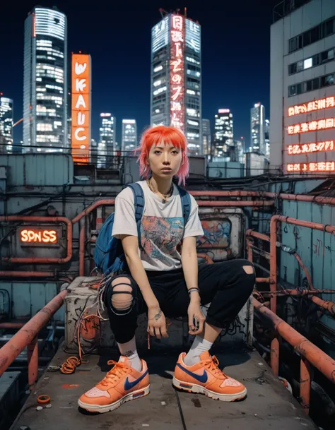 dynamic cinematic 8k, realistic, pastel red indigo tracking shot wideshot fisheye wabi sabi a japanese streetwear punks woman (n...