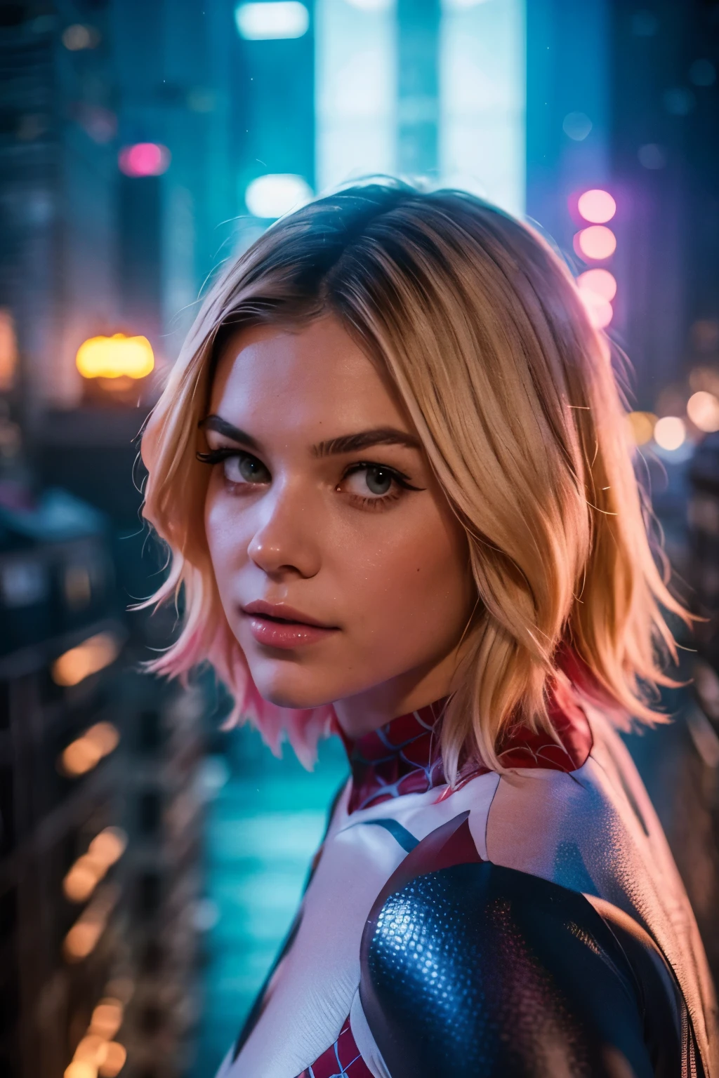 ((a teenage girl, 14yo, babe face)), with blonde hair,spider-gwen, detailed facial features, beautiful detailed eyes, beautiful detailed lips, extremely detailed face, dynamic spider-themed superhero pose,web-slinging action, futuristic cityscape background, neon lighting, cinematic lighting, dark and moody atmosphere, rich colors, vibrant, digital art, 8k, hyper detailed, photorealistic, masterpiece. ((colorful lights)). 