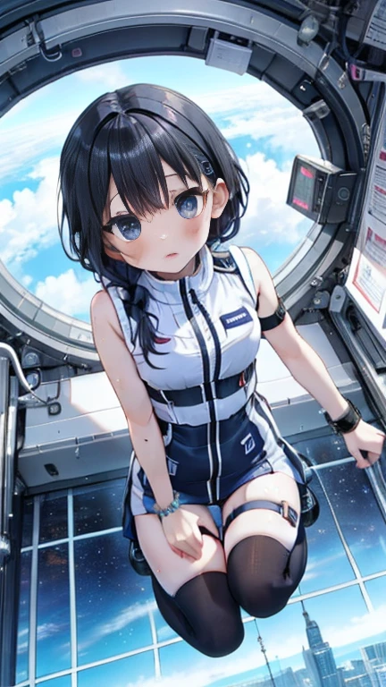 (Best Quality), (masterpiece), 1080P, High resolution, 4K, 8k, Inside the space station、Futuristic room、Thigh straps, Shooting from directly below, The woman on top of me, 白いsweat, Covered , sweat, Woman looking down, Skirt swimsuit, Thigh-high socks, To achieve this, , , whole body, Black leather shoes, Braided Hair, Inner Color, Embarrassed face, Short black hair, bracelet, bedroom,astrovest
