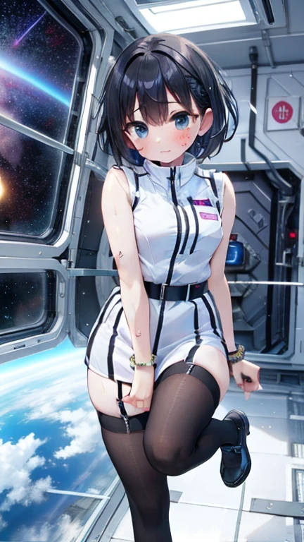 (Best Quality), (masterpiece), 1080P, High resolution, 4K, 8k, Inside the space station、Futuristic room、Thigh straps, Shooting from directly below, The woman on top of me, 白いsweat, Covered , sweat, Woman looking down, Skirt swimsuit, Thigh-high socks, To achieve this, , , whole body, Black leather shoes, Braided Hair, Inner Color, Embarrassed face, Short black hair, bracelet, bedroom,astrovest
