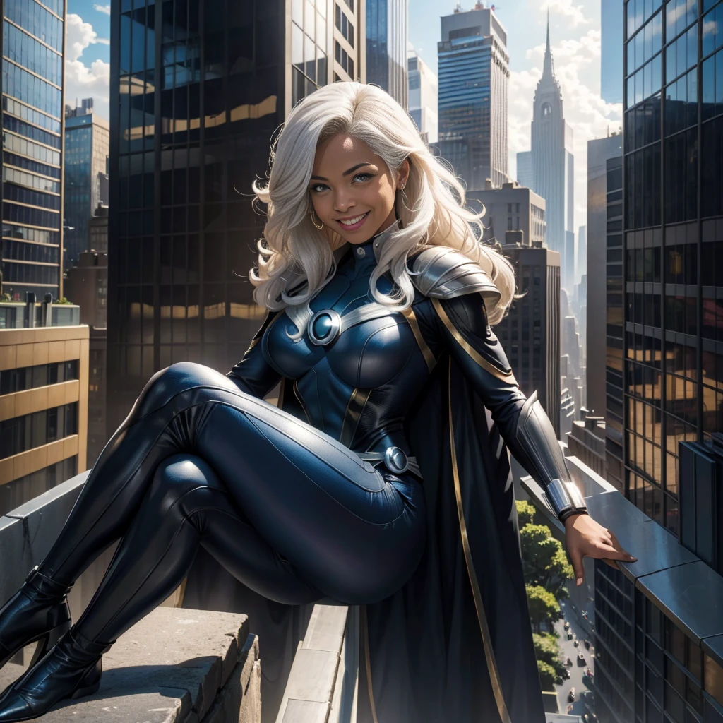 x-men storm, she is sitting on a ledge of a skyscraper, she is reading the Bible, she is looking at the bible and happy. She is smiling with a big smile and eyes wide with joy. In the background there is a metropolis with buildings and avenues. ((4K)), ((x-men evolution)).