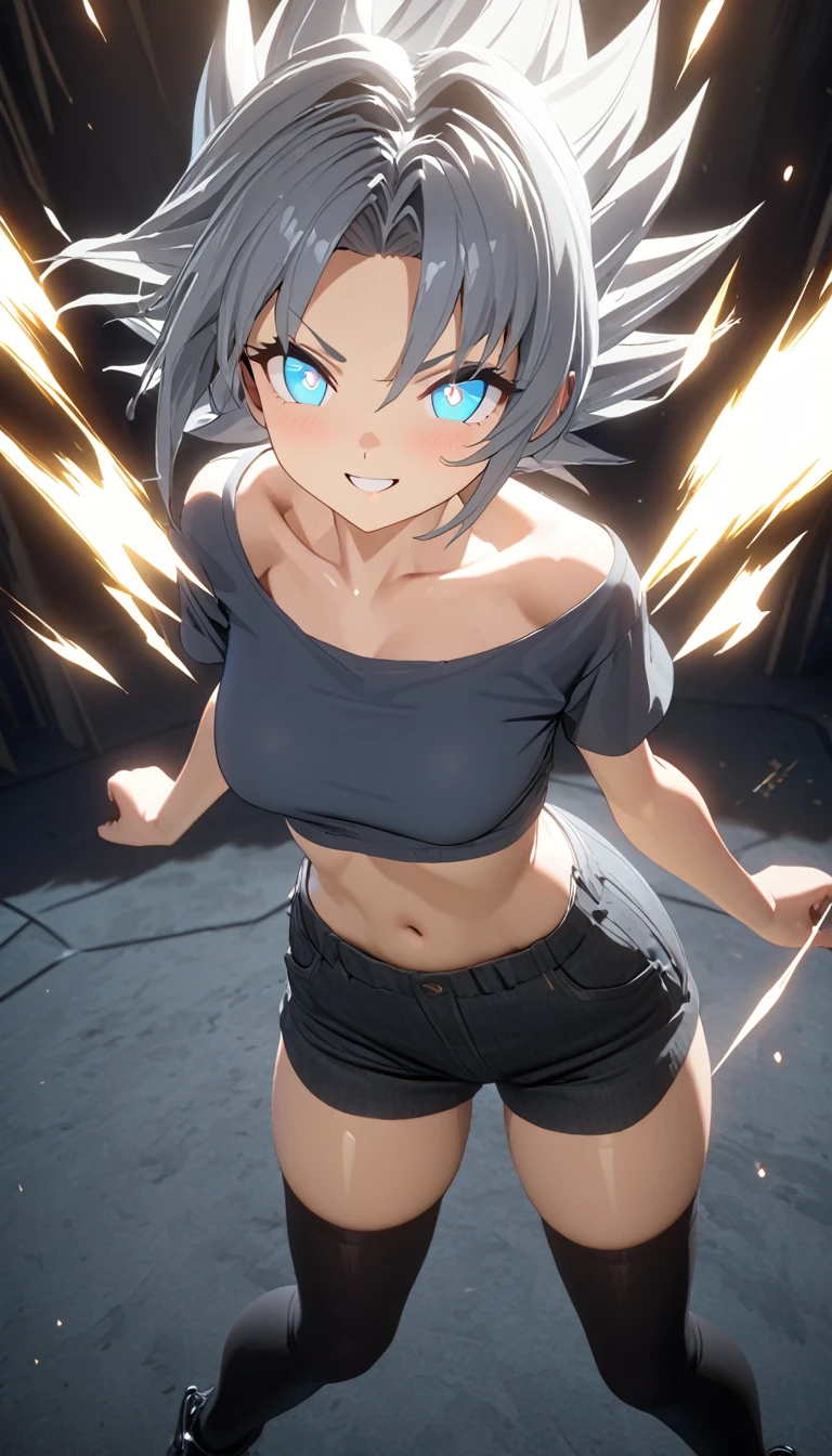 diaphragm, (bright eyes:1.25), masterpiece, best quality, extremely detailed, high quality, 4k, sharp focus, professional, sharp focus, awarded, cinematic lighting, octane rendering, Unreal Engine, volumetric dtx, wallpaper, (masterpiece, Superior quality: 1.2), anime style, Super detail, great lighting, (1 girl: 1.3), (High resolution:1.2),(​masterpiece、premium:1.2),full body, very detailed eyes, Perfect face, very beautiful female body, large thighsmedium chest, good lighting, cowboy shot, Alone, 1 girl, (((happy face))), standing,dynamic pose, Look at the spectators, aura de super saiyan, short gray hair, cabello lasio, blue eyes, pantalón corto, short t-shirt, shows the navel, thigh high socks, happy smile, yumi, Simple background