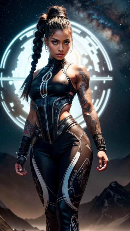 High ultra detailed photography and ultra detailed depiction of the body and face of a light-skinned woman with muscular female figure and full body pose. swinging dancing on a clearing at night and a starry sky. Woman looking into the camera. Clothing biomechanical ladies vest with zippers and a biomechanical leggings and biomechanical high heels. Clothing in ying and yang styles and colors. Hairstyle braided mohawk. brightly colored large Japanese tattoos. The model is tall and has a full body. Biomechanical clothing. Woman has a feminine curvy body stature. The woman's pose is frontal to the camera.