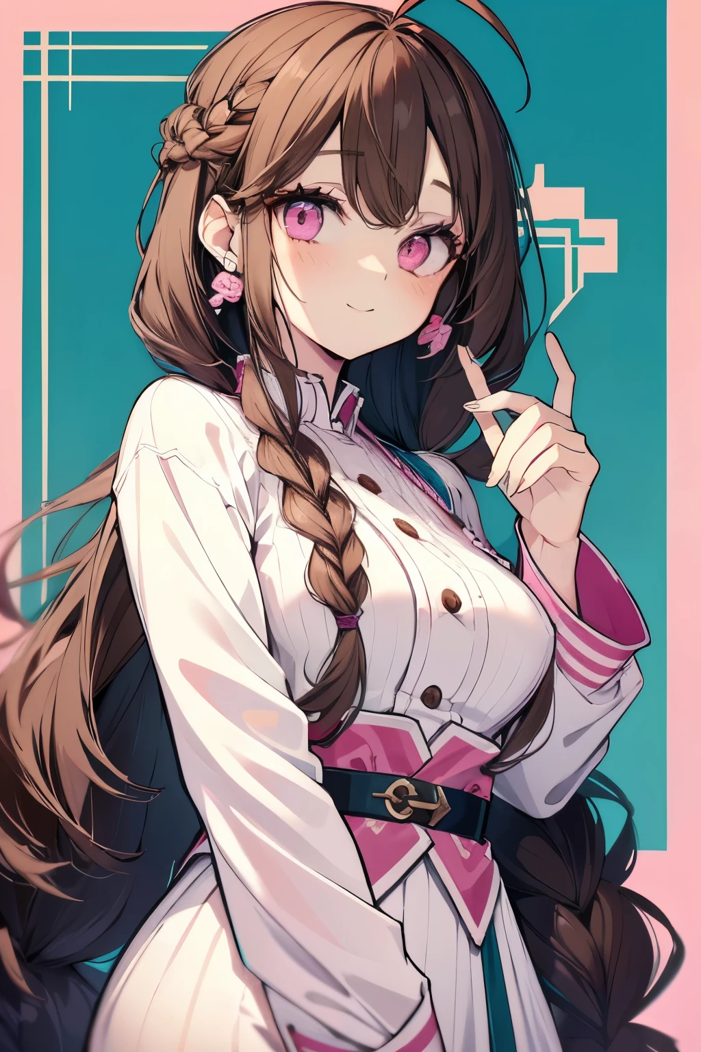 High resolution, Best Quality, masterpiece, Ultra-precision,Upper half,Character Portrait,One woman,Age 25, solo,adult,Look at, Beautiful Face,Detailed face,((Brown Hair)),Ahoge, Hair behind ears,Braided Hair, ((Pink eyes)),Fine slanted eyes,Long eyelashes,smile,one piece,National Costume,Northern Europe,Celtic Style,Slender figure,Simple Background,Concept Art, 