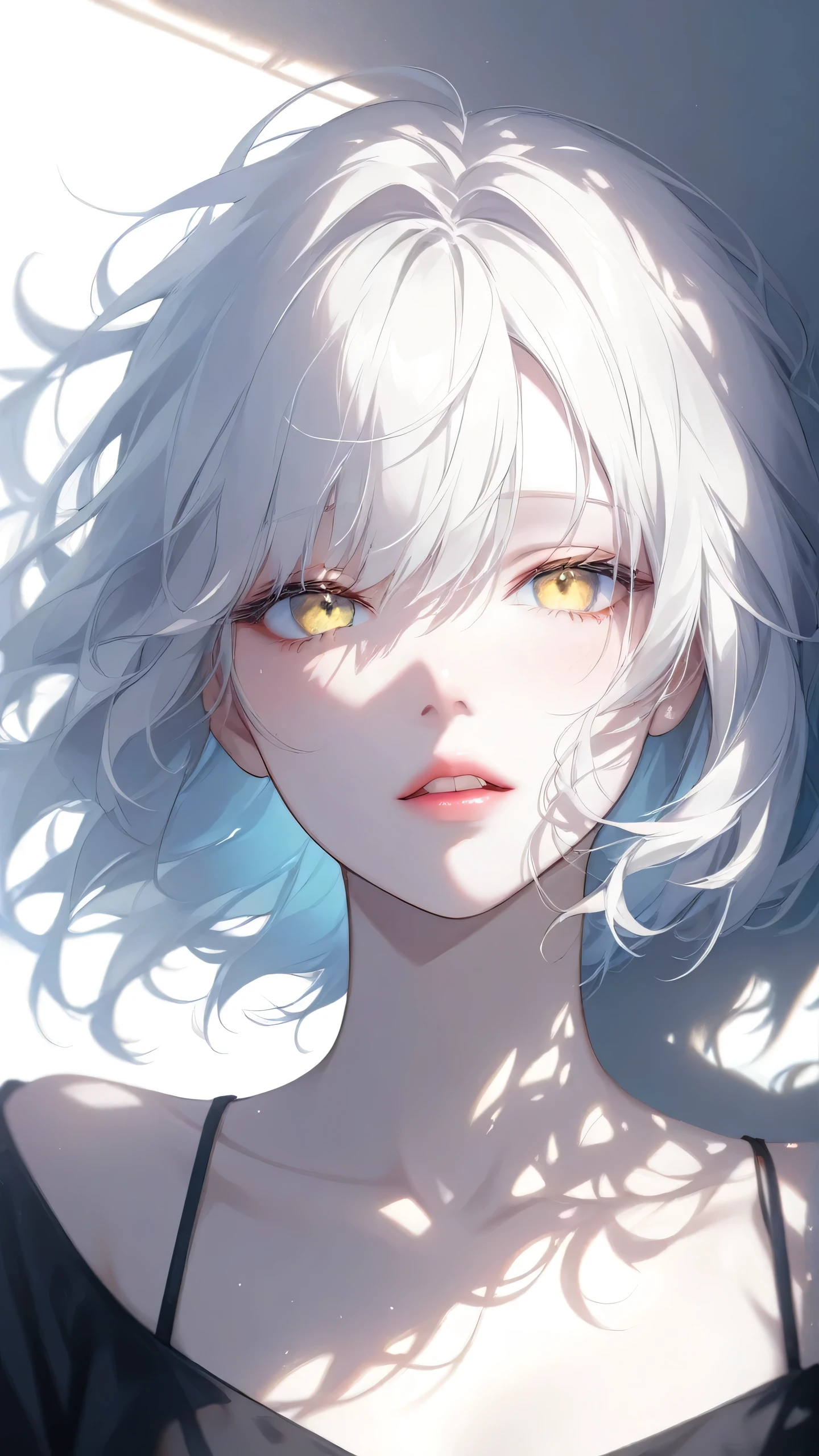 dark,caustics,colorful,gorgeous light and shadow,full body,
The girl's pale skin,her lips are slightly open to reveal her teeth,and her (blue and yellow eyes) eyes are blur and dreamy. mottled light and shadow,portrait,white hair,side face,  