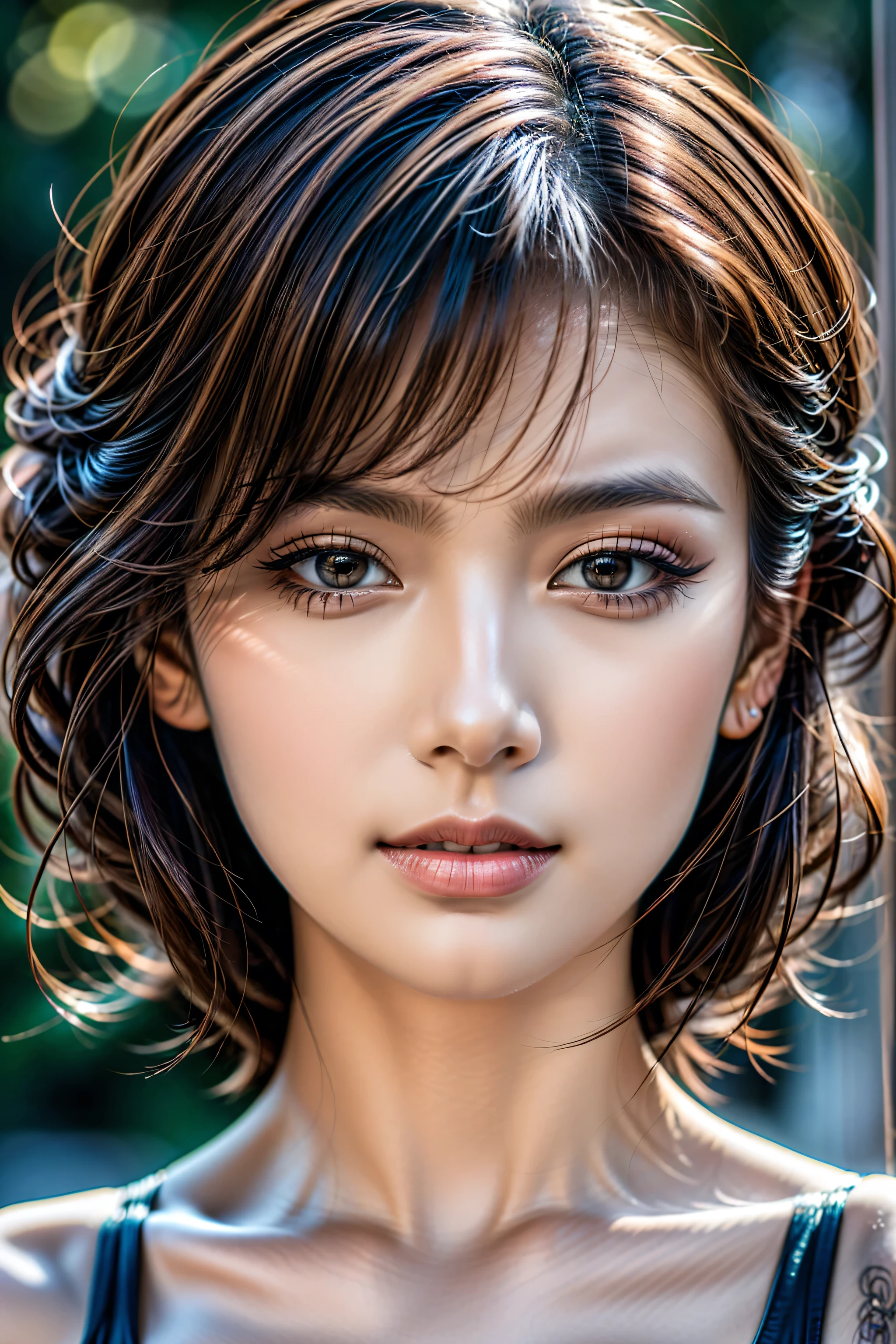 Realistic (photorealistic Realism 16K Quality), (high resolution), ((intricately detailed digital art)), (ultra realistic texture details: velvety skin, hair), ((ultra quality)), professional photography, (glamour shot of Japanese woman:1.3), (absurd quality,16k,masterpiece:1.2), ultra details,UHD, Thin eyebrows, Carefully draw eyelashes, Eyelash extensions, Gal Makeup, realistic dull skin noise, visible skin detail, skin fuzz, dry skin, (blush:0.5), (Goosebumps:0.3), Voluminous updo, (vivid and colorfu)l, The attention to detail, satisfaction smile, best high quality soft lighting, sharp focus captured by Fujifilm XT3, f 5.6, in a dramatic lighting, (perfect composition), (outside,an park full flowers),(random u%u top:1.35), exquisite balance of shadows,perfect composition, look at the viewer, 