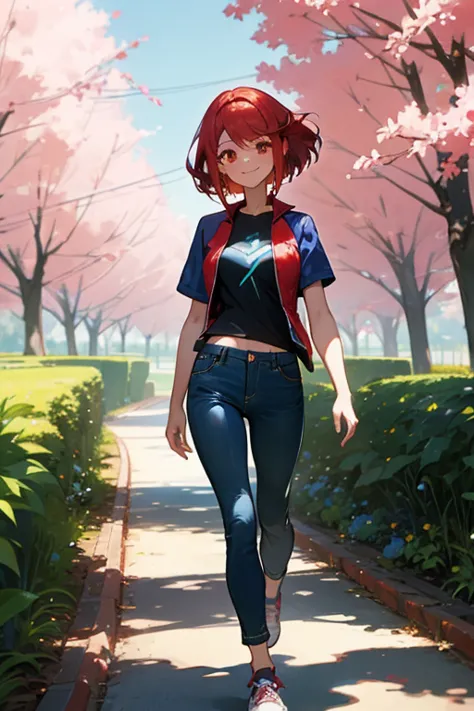 pyra homura, short reddish hair, dark t-shirt, blue jacket with open cream, jeans, sneakers, scenery of a park, smiling but myst...