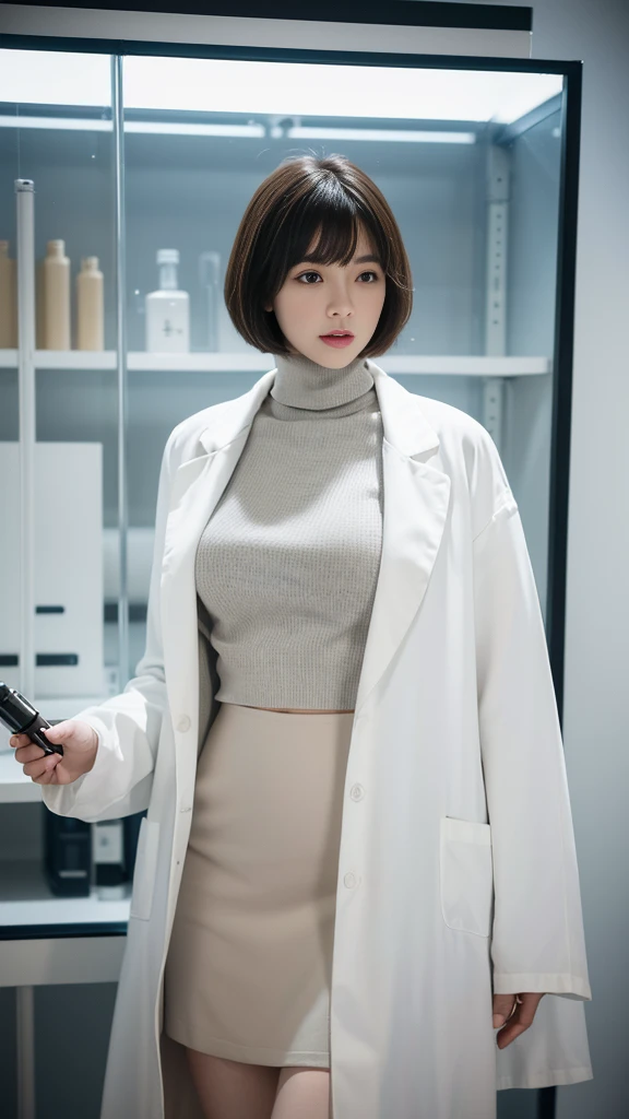 Beautiful woman、short hair with bangs raised、big breasts、((Women Scientist))、(PhD)、((Long lab coat))、(turtleneck sweater)、(black mini skirt)、(Research room、laboratory、graduate School)、glass tube、flask、((delicate pictures))，(Detailed RAW photos of girls), (muste piece:1.25), (best quality:1.6), (ultra high resolution:1.5), (It&#39;s photorealistic:1.75), 8K resolution,:1.6),  Canon EOS R5, 50mm, disorganized, Super detailed,cinematic lighting、((skirt lift))、sexy panties