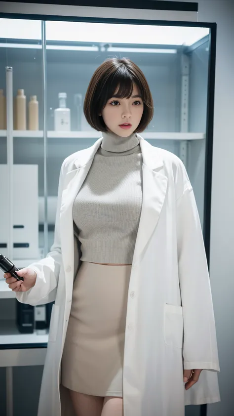 beautiful woman、short hair with bangs raised、big breasts、((women scientist))、(phd)、((long lab coat))、(turtleneck sweater)、(black...