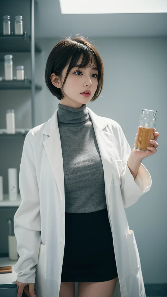 Beautiful woman、short hair with bangs raised、big breasts、((Women Scientist))、(PhD)、((Long lab coat))、(turtleneck sweater)、(black mini skirt)、(Research room、laboratory、graduate School)、glass tube、flask、((delicate pictures))，(Detailed RAW photos of girls), (muste piece:1.25), (best quality:1.6), (ultra high resolution:1.5), (It&#39;s photorealistic:1.75), 8K resolution,:1.6),  Canon EOS R5, 50mm, disorganized, Super detailed,cinematic lighting、((skirt lift))、sexy panties