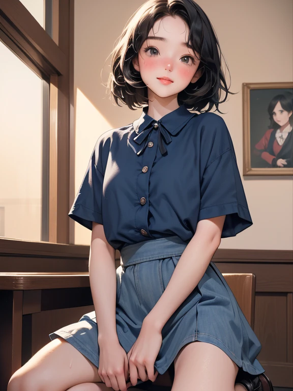 (from the front), fisheye lens, の美しい1 personの少女，1 person、Very short stature:1.3，, (Kneeling at the table), (spread your legs.), (Put it in a cup:1.3), A cup from a local store, (Classic Fluffy Short Sleeve Ruffle Blouse), (Dark blue mini skirt,), (Dark blue maid apron), (button down shirt), Name tags，(The space between the buttons of the neck ribbon)+ Very thin hips:1.3，moccasins, Please, put your hands behind your back.。, (Observe the audience:1.5), (awkward:1.3), (shy smile), (Couple:1.4), (girl trembles from sexual orgasm:1.3), Medium hair, Black hair, bob hair, glowing skin, (Coffee shop), (Coffee server)，window, morning, (crowd:1.3), (masterpiece, best quality, High resolution:1.3), Ideal anatomy，