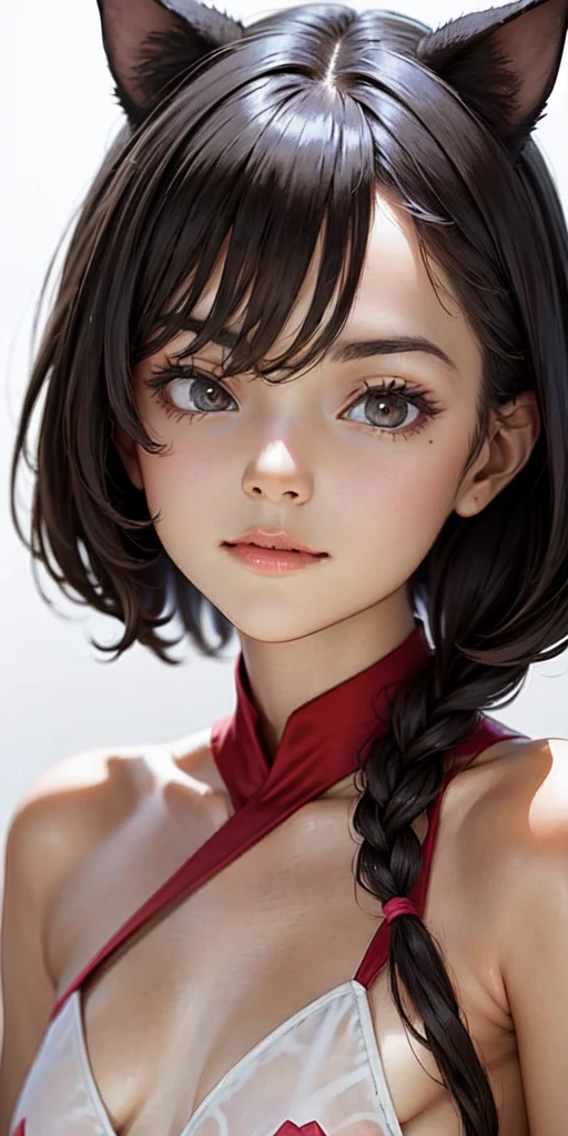 very young slim fit girl, full height, rounded face, very short disheveled dark blue hair, big yellow eyes, shy smile, perfect flat breast, band on head with fake cat ears, look at you, (ahoge:1.2), megane, (white wall, simple scene, white backgrounds, clean scene:1.4), sashagrey, a strand of hair from the bangs hangs between the eyes, accurate small snub nose 