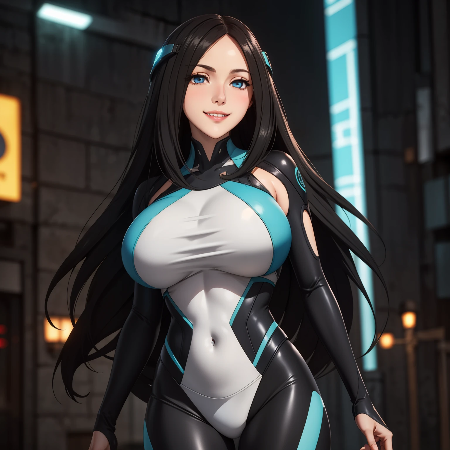 One day. 30 year old woman. black fur . light blue eyes, ,Smile showing teeth, blush, pale skin, big breasts, futuristic tight suit, military suit, 4k, High Quality, futuristic city background. neon lights.