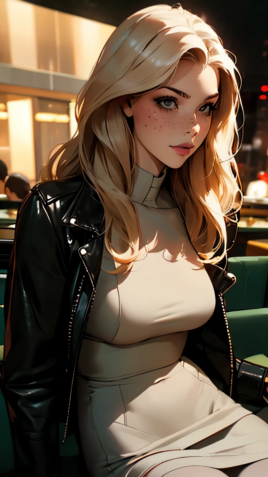 Woman, americana, Age 25, pale skin and freckles, gray eyes, delicate nose, soft and delicate lips, far away, blondie far away and wavy waist length hair, sweet smile, face with delicate feminine facial features, highly rendered, sophisticaded dress, Black leather jacket, night in Kowloon 