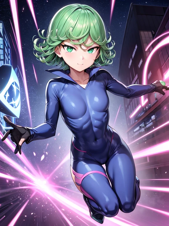 Masterpiece, best quality, ultra detailed, illustration, lighting epic, cinematic composition, 1 girl, Tatsumaki, short hair, green hair, very small breasts, green eyes, bright eyes, smiling, blushing, closed mouth, piercing gaze, full body, black collar, tall, slim, athletic, circles on her wrists, pink details, black fingerless gloves, pink wristbands, nanotech speedster suit that resembles light armor, blue chest with an emblem, sky blue chest, blue suit with pink lines, pink speed emblem on her chest, pink emblem, blue pants, gray knee pads, metallic pink boots, white superhero belt, running through the city, pink light trail, laser, city background, anime