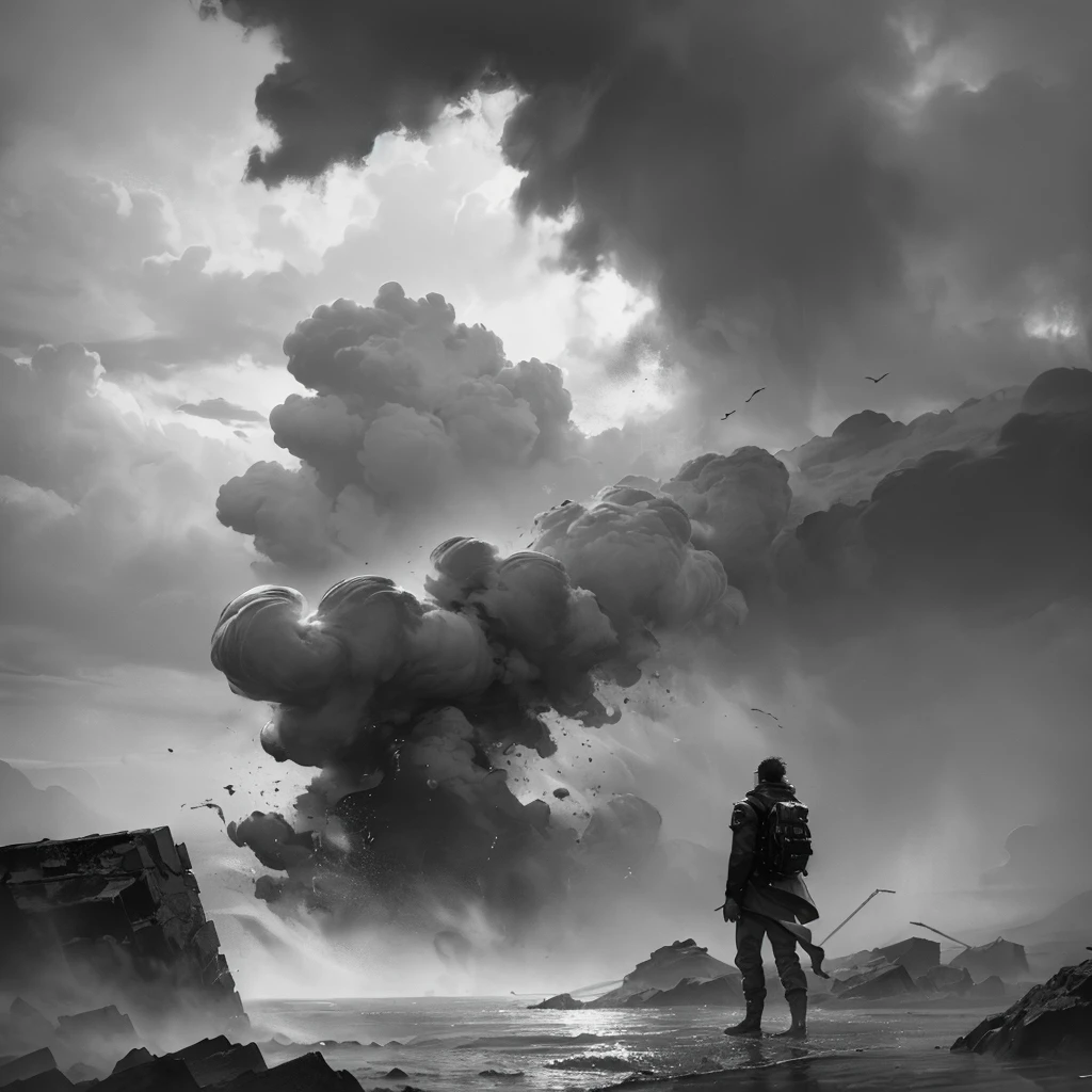 a man in a hurricane, photorealistic, 8k, masterpiece, (best quality, 4k, 8k, highres, masterpiece:1.2), ultra-detailed, (realistic, photorealistic, photo-realistic:1.37), dramatic lighting, dynamic pose, swirling wind, rain, stormy sky, cinematic, epic scale, atmospheric, moody colors, muted tones