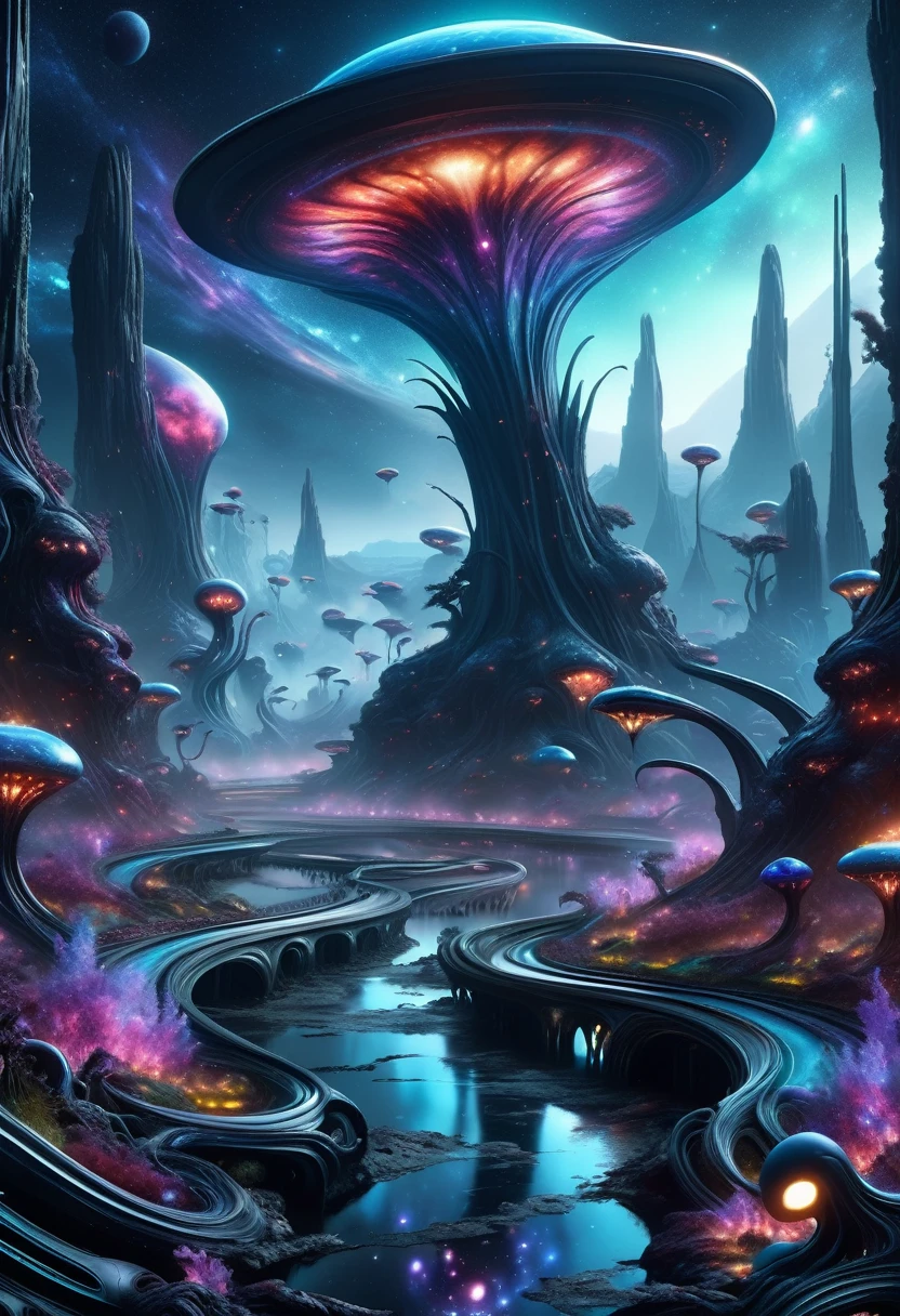 hyper detailed masterpiece, dynamic realistic digital art, awesome quality,DonMX3n0XL, nebula babbling brook,avenue,galaxy,museum, bio organic alien, eerie glow 