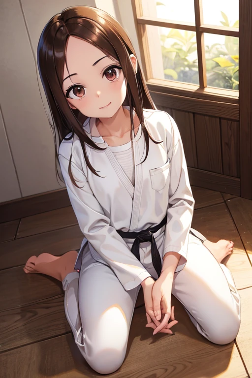 takagi-san、Shiny brown hair, Long Hair,((Medium chest、amount、Center Part:1.2))、 Beautiful brown eyes、smile、Shining Eyes, (fine grain)、Very beautiful eyes、Very detailed顔, Detailed eyes, Cowboy Shot,




((masterpiece, Best Quality, Very detailed, Very nice 8K CG wallpaper)), 
One girl, Alone, , Uniform, Long sleeve, Martial arts belt, White pants, barefoot, , Sitting, seiza, Nice hands, Perfect hands,