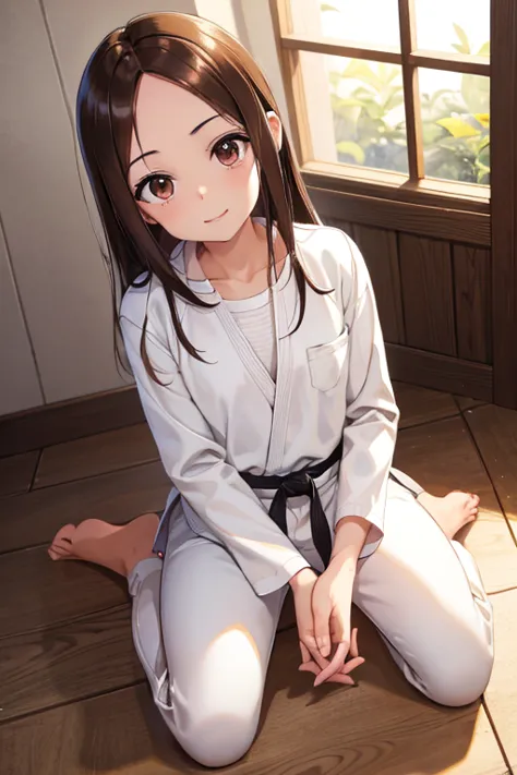 takagi-san、shiny brown hair, long hair,((medium chest、amount、center part:1.2))、 beautiful brown eyes、smile、shining eyes, (fine g...