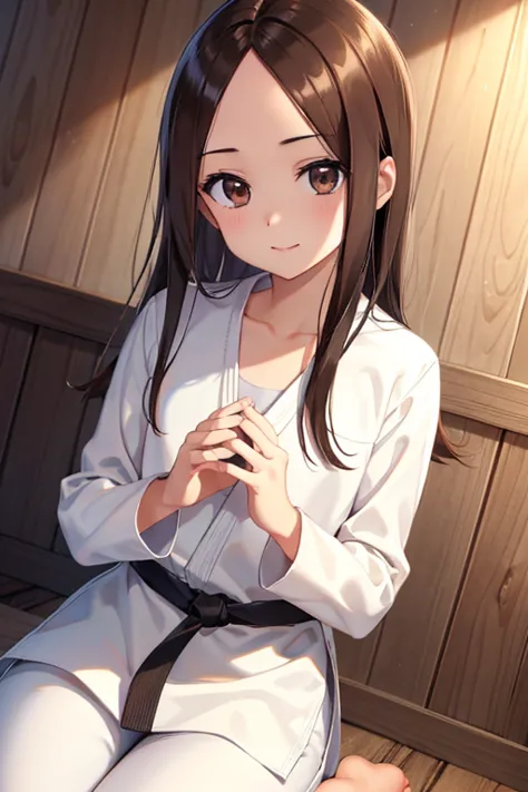 takagi-san、shiny brown hair, long hair,((medium chest、amount、center part:1.2))、 beautiful brown eyes、smile、shining eyes, (fine g...