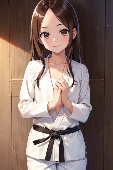 takagi-san、shiny brown hair, long hair,((medium chest、amount、center part:1.2))、 beautiful brown eyes、smile、shining eyes, (fine g...