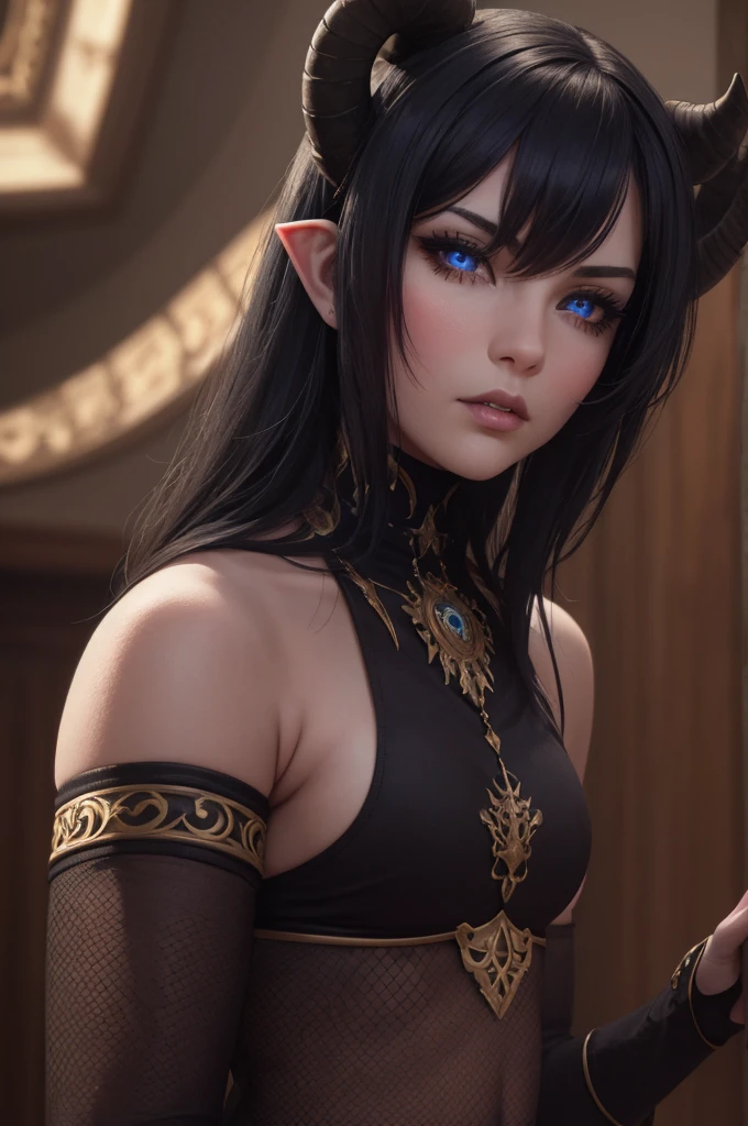 1girl, a young elf, long black hair, emo haircut, dark blue skin, (skin: dark blue color), a pair of goat horns on top, detailed face, (face: cute, hot, sexy, beautiful, elegant), (perfect eyes, detailed eyes, black sclera, large blue iris), pouty lips, perfect lips, dark lipstick, elf ears, fit, small waist, wide hips, thick thighs, perfect ass, perfect anatomy, proportionate, gothic dark metal armor, high collar, skimpy armor, showing midriff, naval, tight fitting ornate mesh bodysuit, pauldrons, metal vambraces, thigh high metal boots, holding a tall and wide great sword, elegant demeanor, cinematic lighting, fantasy, dramatic, 8k, detailed, photorealistic, masterpiece, highly detailed, intricate, ornate, moody, chiaroscuro, dramatic lighting, dramatic pose, relaxed and calm expression, dramatic atmosphere, dramatic colors, dramatic shadows, atmospheric, mystical, magical, ethereal