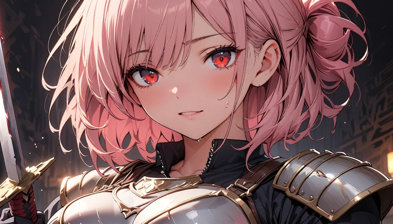 (high quality, 8k, 4K, High Contrast, masterpiece:1.2, 最high quality, Best aesthetics), Beautiful illustrations, Flat Color ((Holding a sword:1.5)), Low Angle Wide Shot, ((1 girl)), Perfect Face,(Painful expression), ((Red eyes)), Sweating,Cute and symmetrical face, Shiny skin, ((Tied hair)), Short Hair, pink hair, Short Height, Beautiful Face, Beautiful fine details, Beautiful clavicle, Beautiful body, Beautiful breasts, ((The upper body is Western armor.)),((The lower half of the body is Western armor.)),Straight bangs, Dark eyeshadow