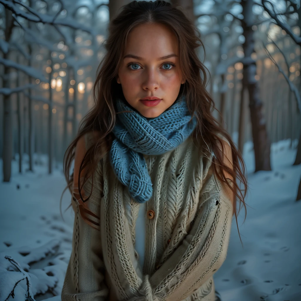 a woman in a cozy knitted sweater and scarf, winter forest scene, snow covered trees, warm lighting, detailed facial features, beautiful blue eyes, intricate knitted patterns, photorealistic, 8k, high quality, masterpiece, cinematic lighting, warm color tones