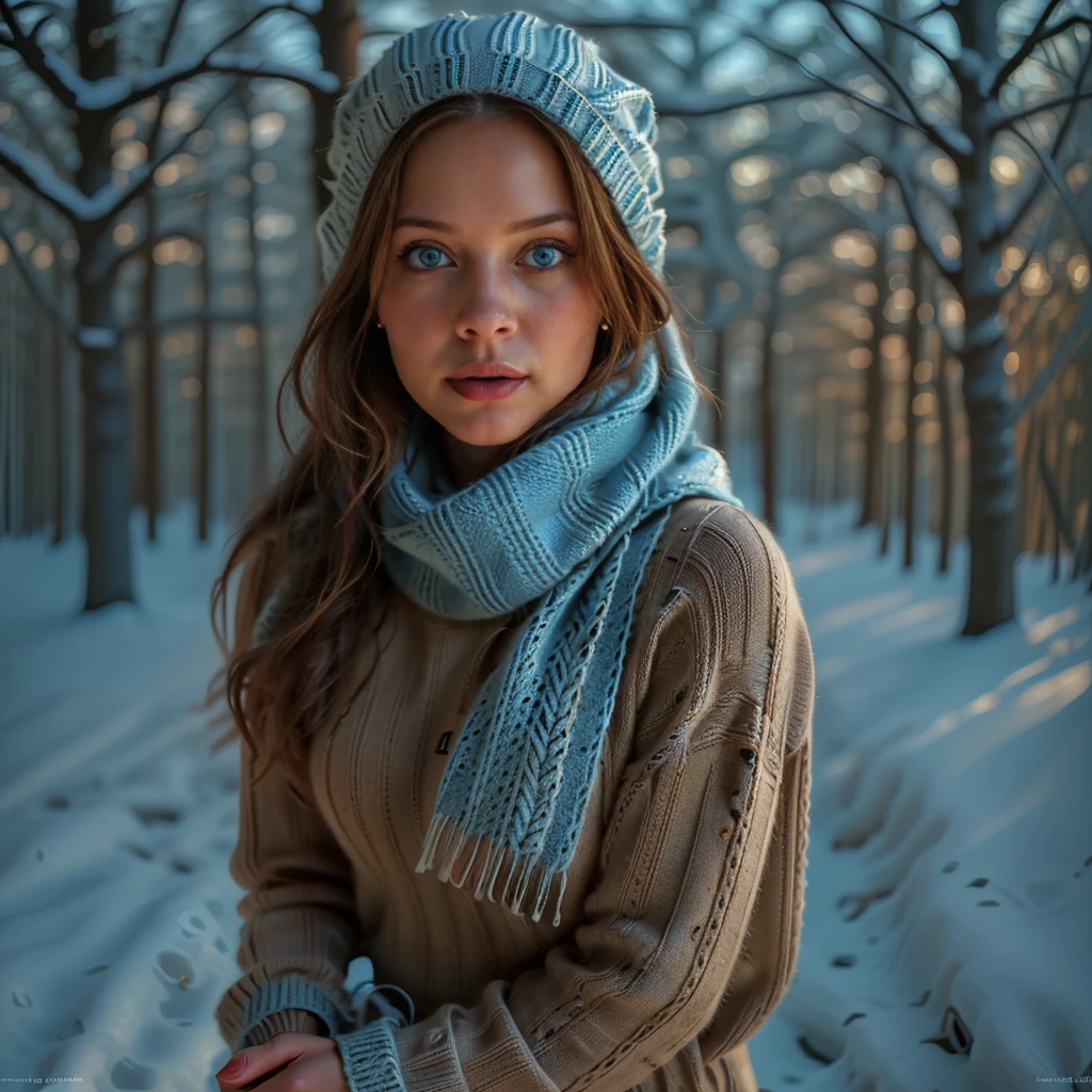 a woman in a cozy knitted sweater and scarf, winter forest scene, snow covered trees, warm lighting, detailed facial features, beautiful blue eyes, intricate knitted patterns, photorealistic, 8k, high quality, masterpiece, cinematic lighting, warm color tones