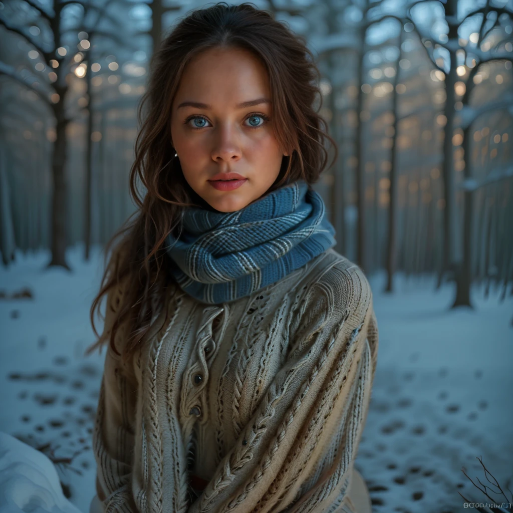 a woman in a cozy knitted sweater and scarf, winter forest scene, snow covered trees, warm lighting, detailed facial features, beautiful blue eyes, intricate knitted patterns, photorealistic, 8k, high quality, masterpiece, cinematic lighting, warm color tones