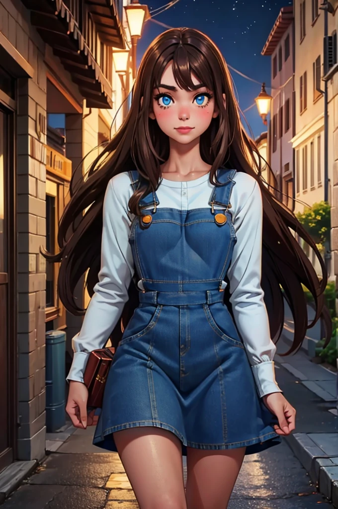 (mejor calidad, Obra maestra), mirando abajo, viento, Partícula, hotel de fondo, night, parte superior del cuerpo, 1 girl, ((white skin)), lipstick, makeup, ((long hair)), ((brown hair)), (blue eyes), medium breast, (((denim overall dress))), overall dress, long sleeves, legs with stockings, (clutch bag), defSaki, very smile, blush, shy girl