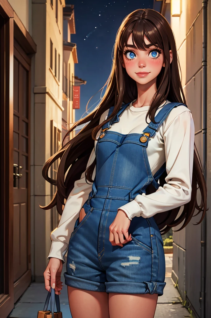 (mejor calidad, Obra maestra), mirando abajo, viento, Partícula, hotel de fondo, night, parte superior del cuerpo, 1 girl, ((white skin)), lipstick, makeup, ((long hair)), ((brown hair)), (blue eyes), medium breast, (((denim overalls))), overall dress, long sleeves, stockings, (clutch bag), defSaki, very smile, blush, shy girl, 