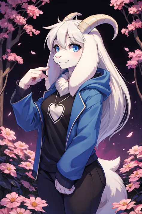 woman, young adult, shy, alone, in a field of flowers, furry, goat, anthropomorphic goat, asriel, undertale ((asriel dreemurr)),...