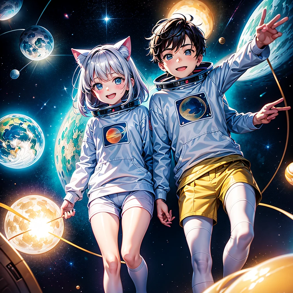 Cartoon illustration of a boy and a girl in space with cat, Official Fan Art, in space, kitten in outer space, in outer space, in deep space, In the Galaxy, deep space exploration!!!, space travel, Wearing the Stars and Planets, outer space, outer space, starry sky in space, in space, Official Art, space, on a spaceship, colorful, cute, Learn more, Light, More realistic, comics