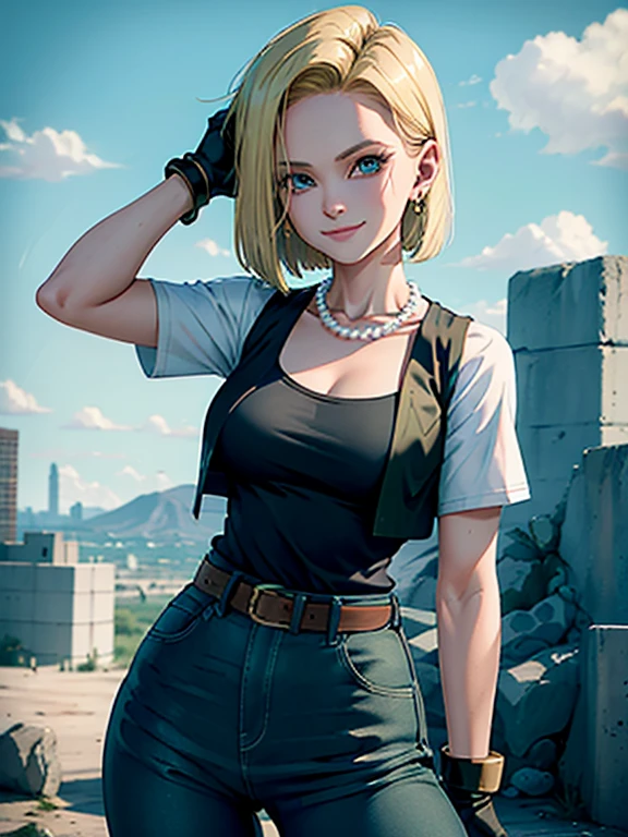 best quality, high-res, and18, 1girl, android 18, solo, blonde hair, blue eyes, belt, green jeans, pearl necklace, bracelets, black gloves, white shirt, short hair, short sleeves, earrings, green leggings, open vest, black vest, large breasts, cowboy shot, forest, straight-on, (weather: windy), combat stance, battle ruins, wide hips, shy smile,