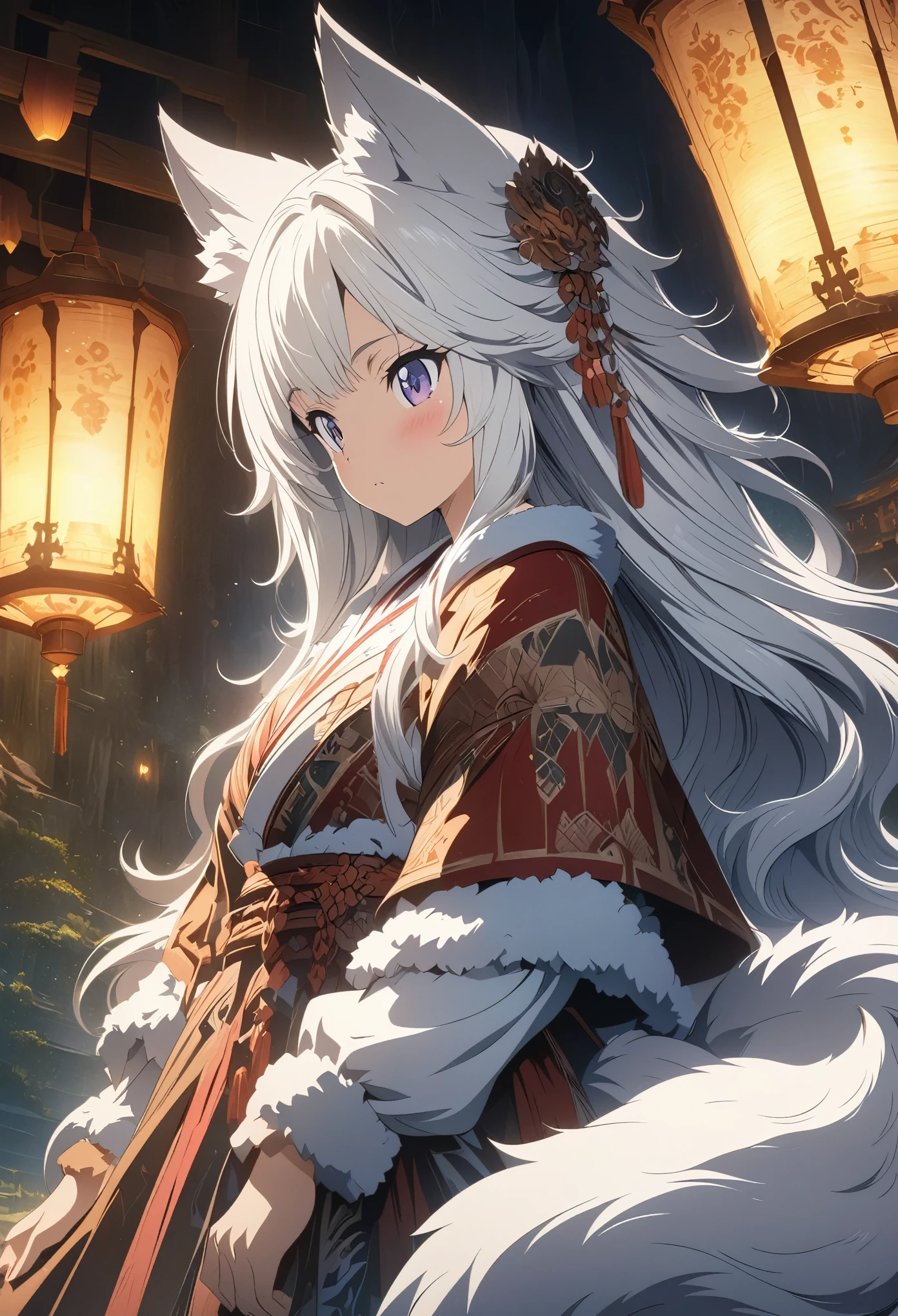 (masterpiece:1.2), (Best Quality:1.2), Ultra-high resolution, Very detailed, Perfect lighting, Wolf Girl, White Hair, National Costume, Otherworldly fantasy, Fluffy tail,cute, Digital anime art,Anime style illustrations,Anime illustration