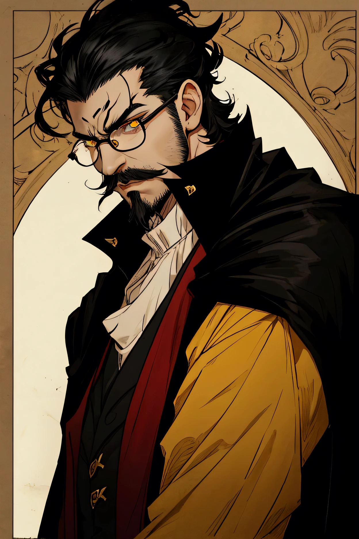 1 man, rectangle glasses, short black hair, rectangular glasses,  sideburns, goatee, mustache, yellow eyes, Gothic, Vampire Fangs, Black cape with red lining,